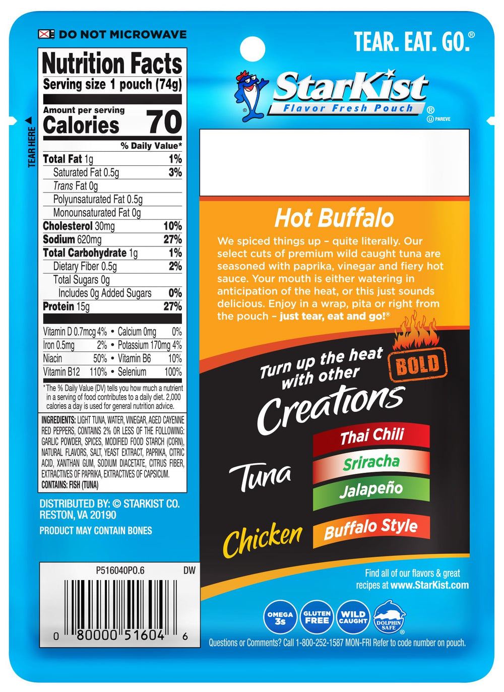 StarKist Bold Hot Buffalo pouch pack on kitchen counter, convenient lunch option