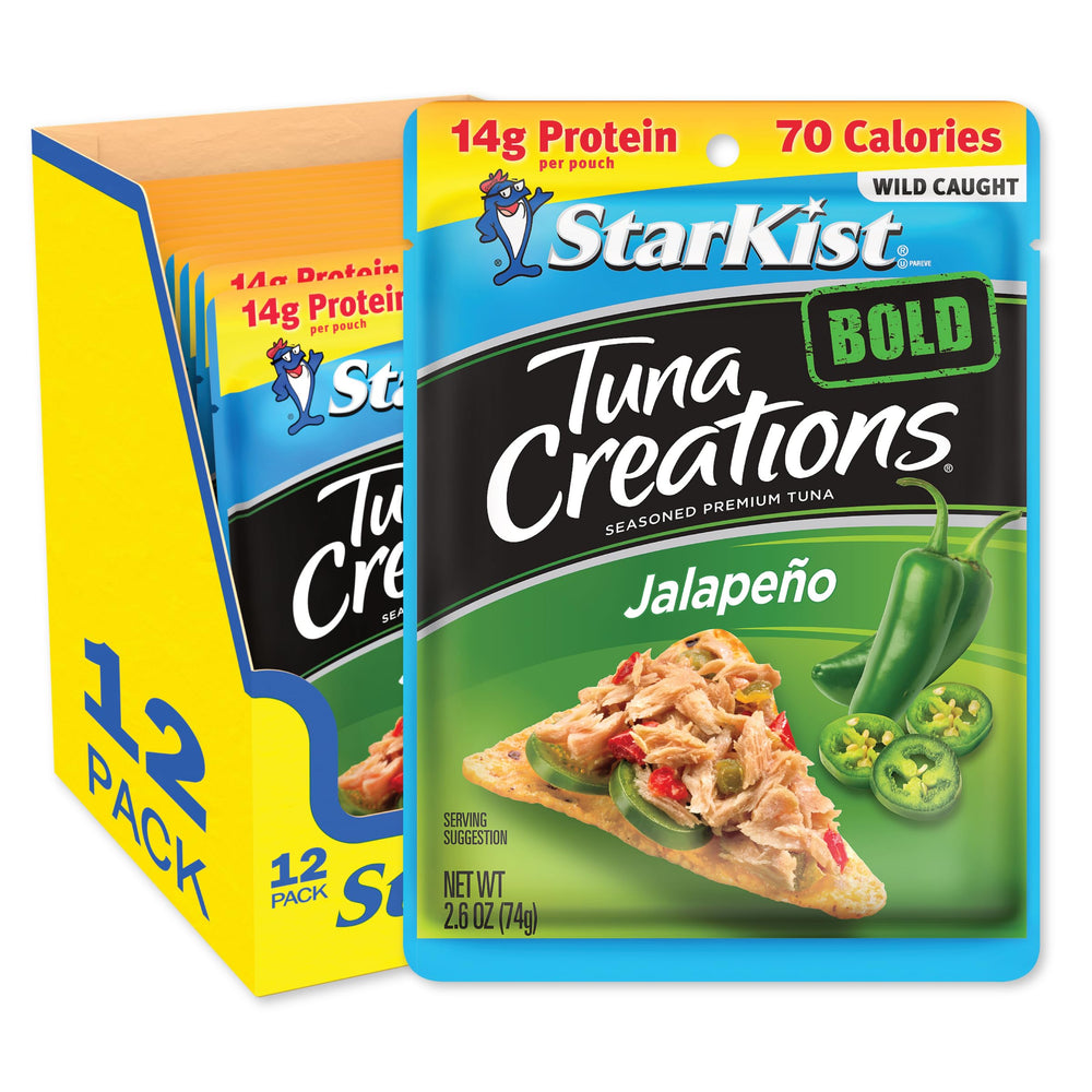 StarKist Tuna Creations Bold Jalapeño 12-pack on pantry shelf, ready-to-eat protein