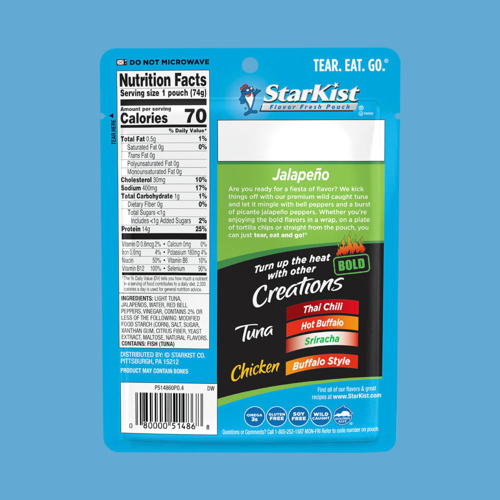 StarKist Tuna Creations Bold Jalapeno pouch close-up of tuna and peppers