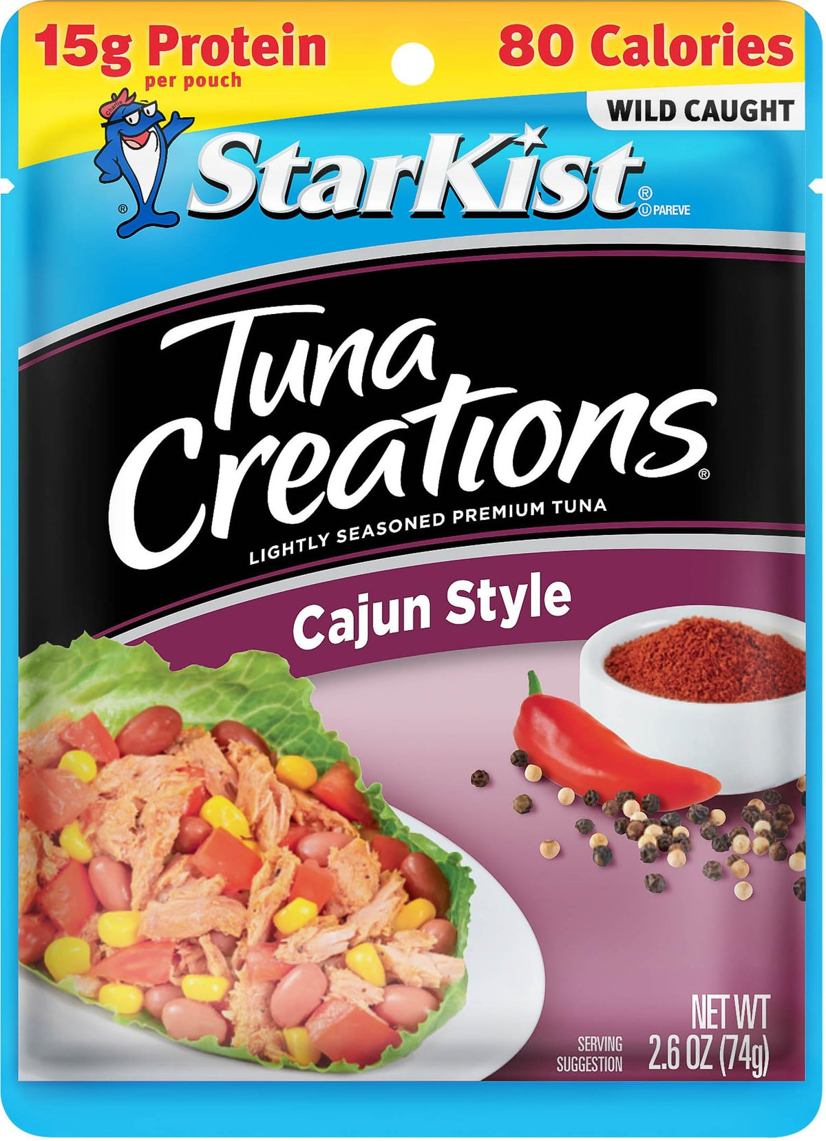 StarKist Tuna Creations Cajun pouch close-up showing bold flavor and portability.