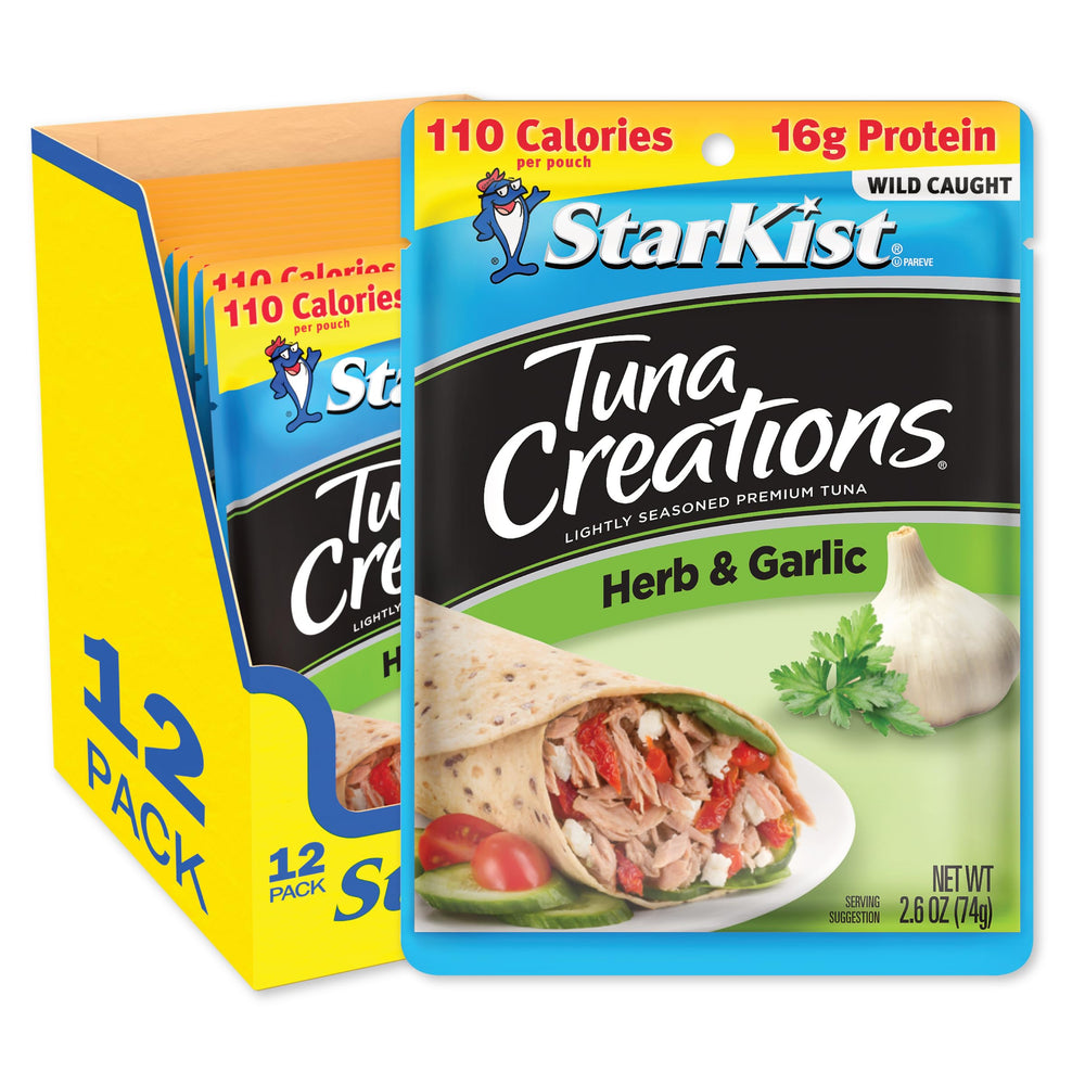 StarKist Tuna Creations Herb & Garlic pouch close-up, ready-to-eat protein for quick meals