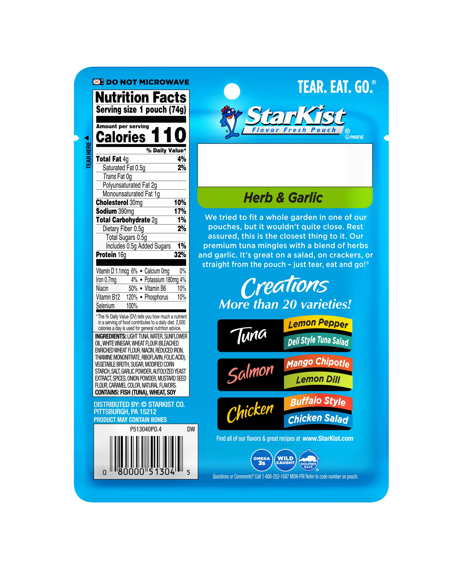 StarKist Tuna Creations Herb & Garlic pouch open, no-drain convenience for meals on the go