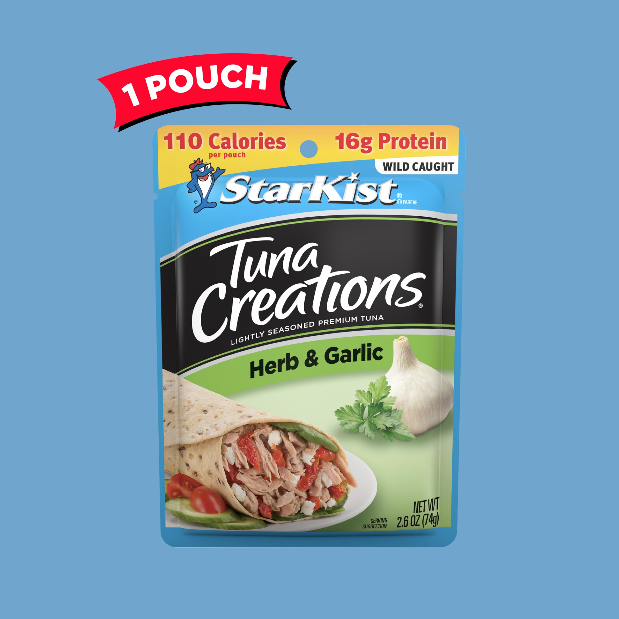 2.6 oz portion of StarKist tuna in herb garlic over a rice bowl.