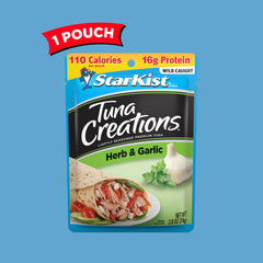 2.6 oz portion of StarKist tuna in herb garlic over a rice bowl.