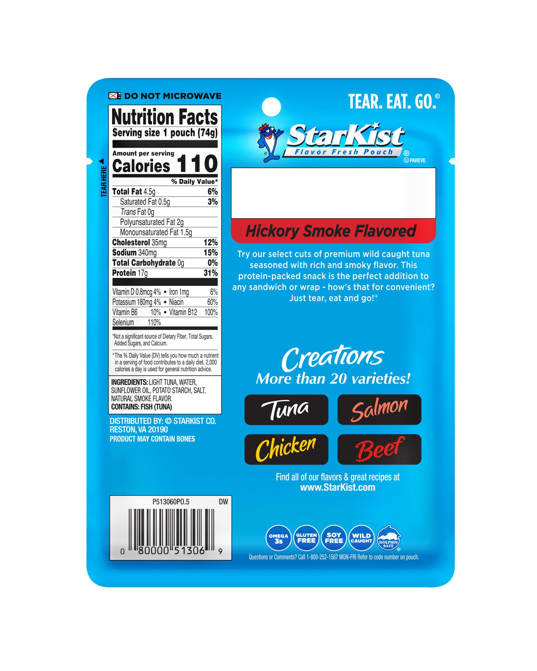 StarKist Hickory Smoked Tuna Creations pouch opened to show tear-and-eat design for on-the-go meals