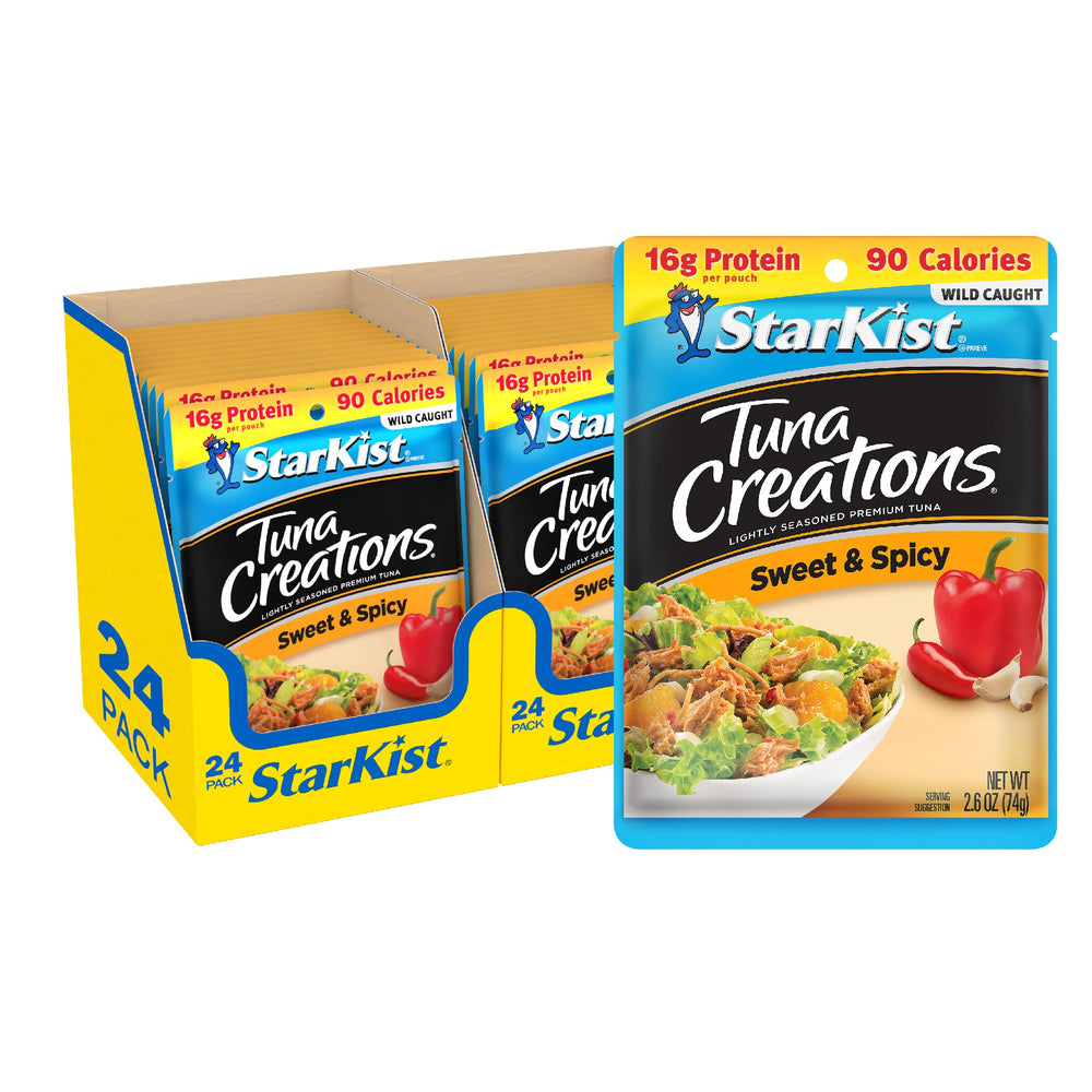 StarKist Tuna Creations Sweet and Spicy pouch beside a salad for a protein-packed lunch