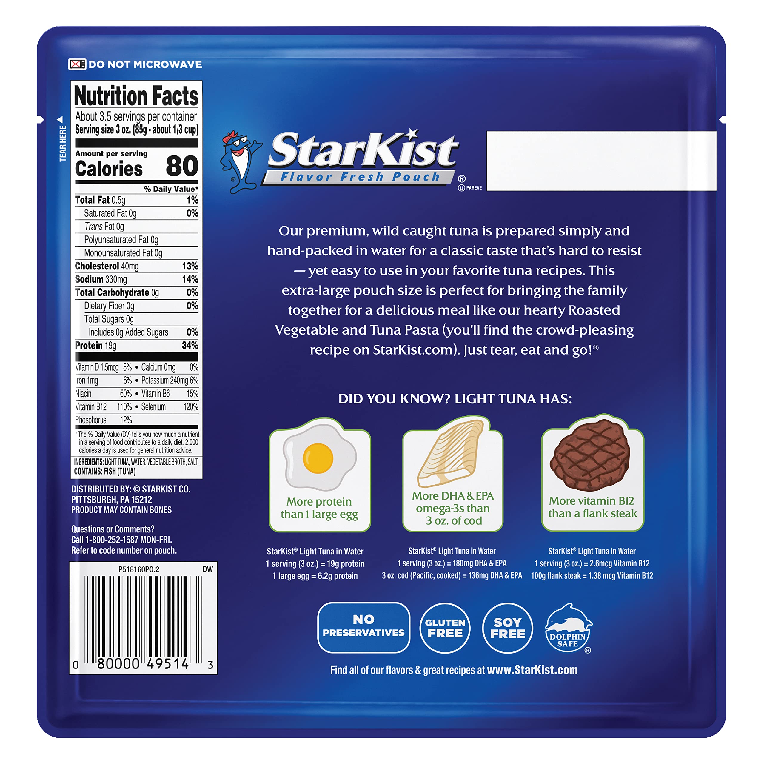 StarKist tuna pouch on-the-go lunch with 19g protein per serving.