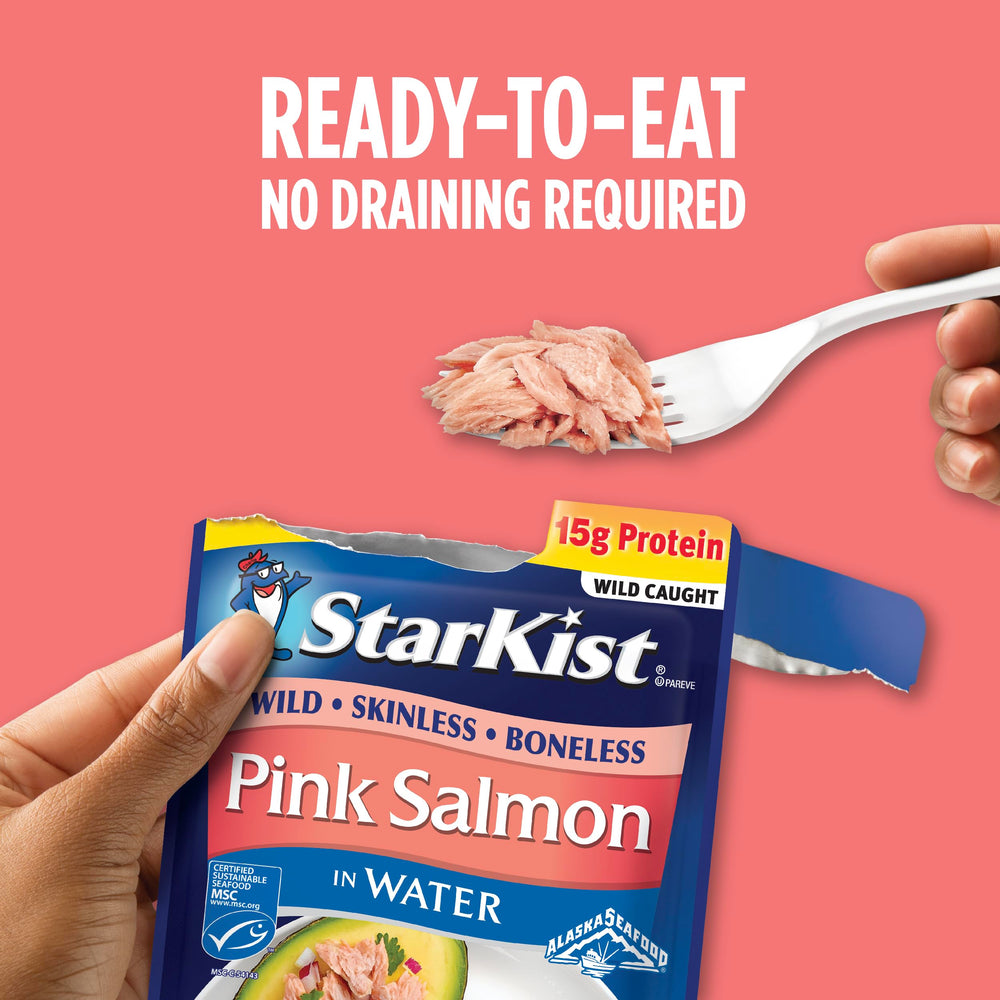 StarKist water-packed salmon preserves freshness in a compact pouch.