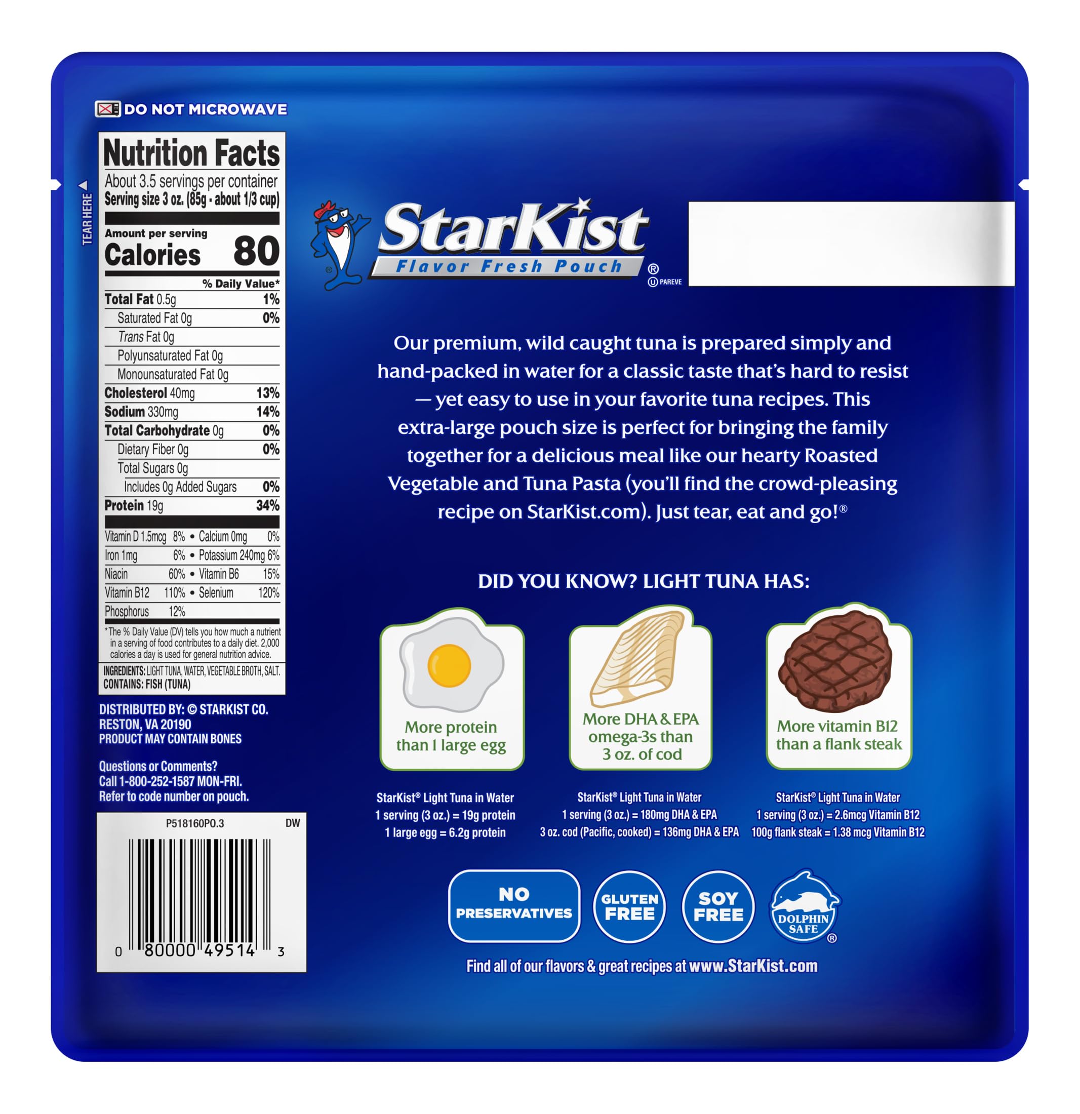 StarKist water-tuna provides 19g protein per serving for quick meals.