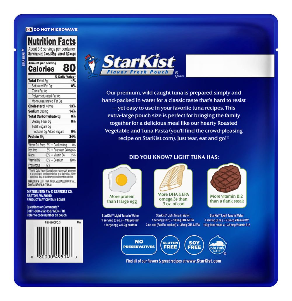 StarKist water-tuna provides 19g protein per serving for quick meals.