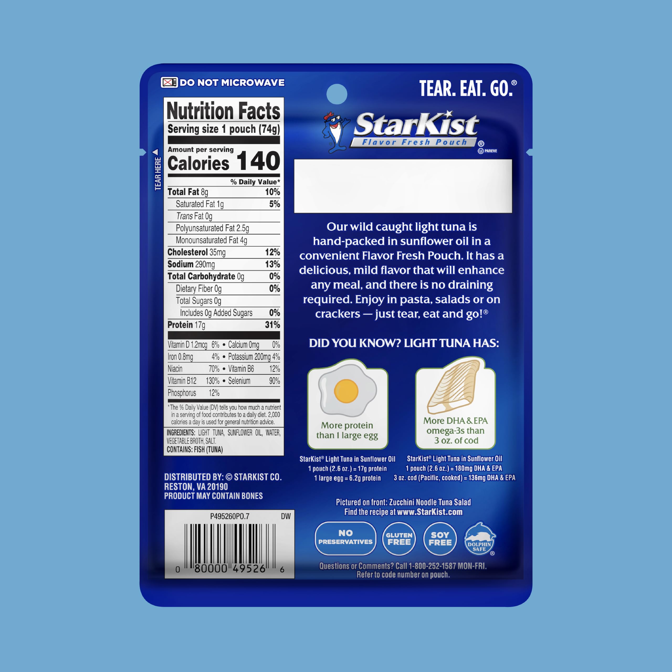 StarKist wild-caught tuna in sunflower oil pouch ideal for quick meals.