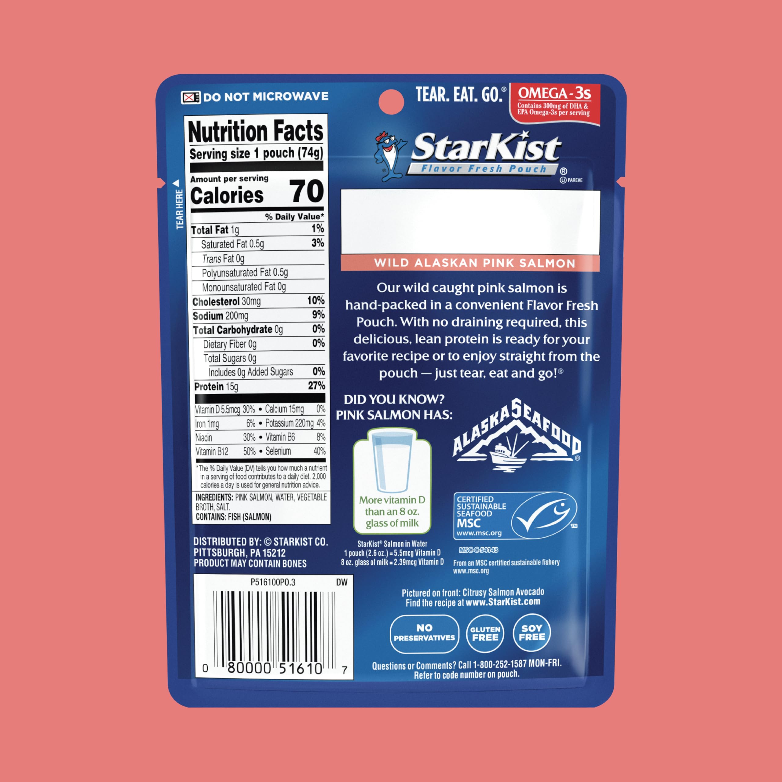 StarKist wild pink salmon boneless-skinless pouch, convenient protein source.