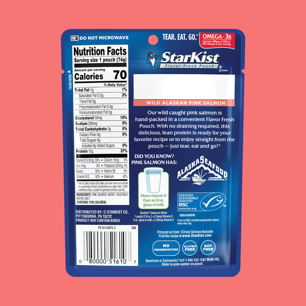 StarKist wild pink salmon boneless-skinless pouch, convenient protein source.