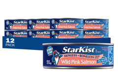 StarKist Wild Pink Salmon cans on a store shelf, MSC-certified, a sustainable protein choice.
