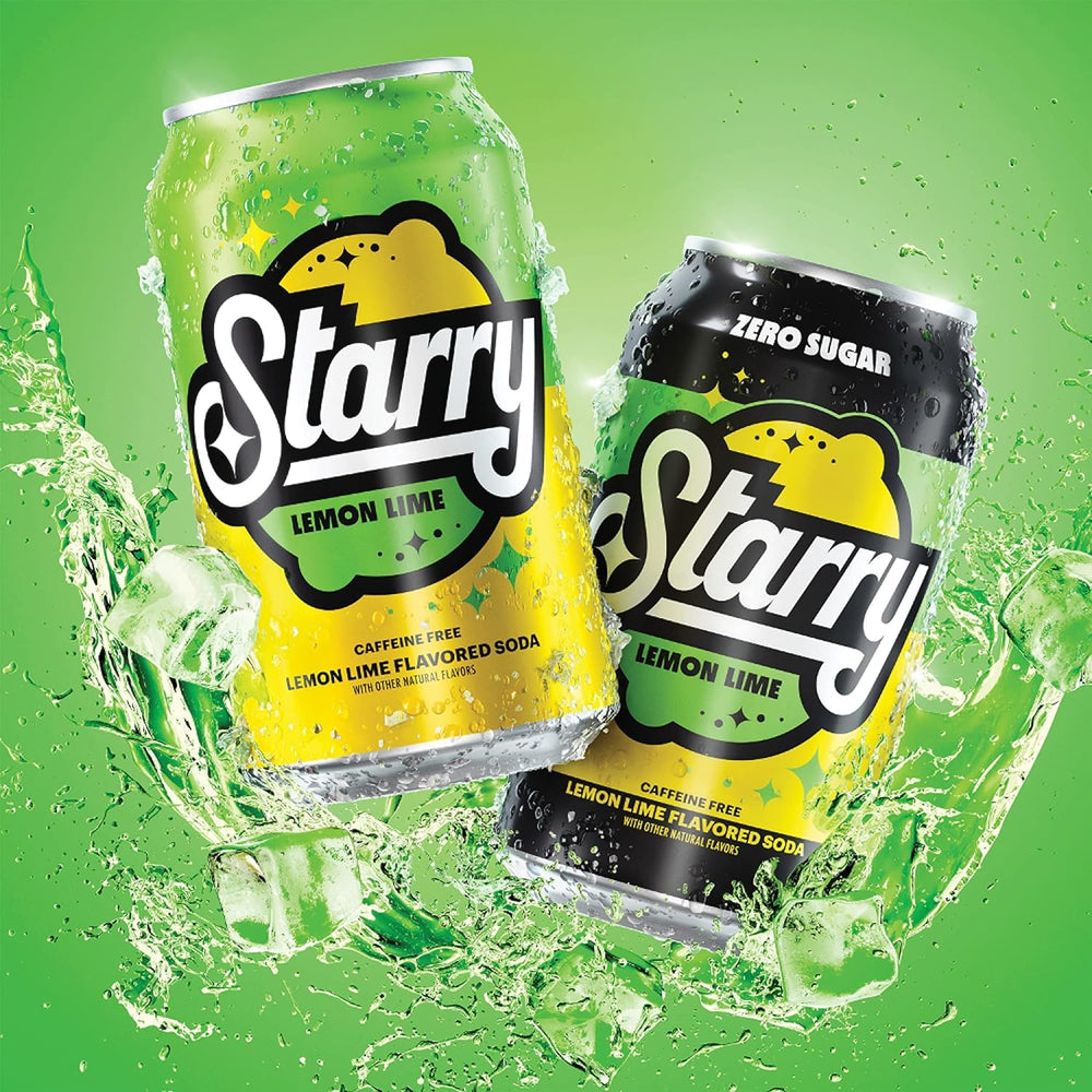 Side-by-side Starry Lemon Lime Soda cans show convenient multipack for gatherings.