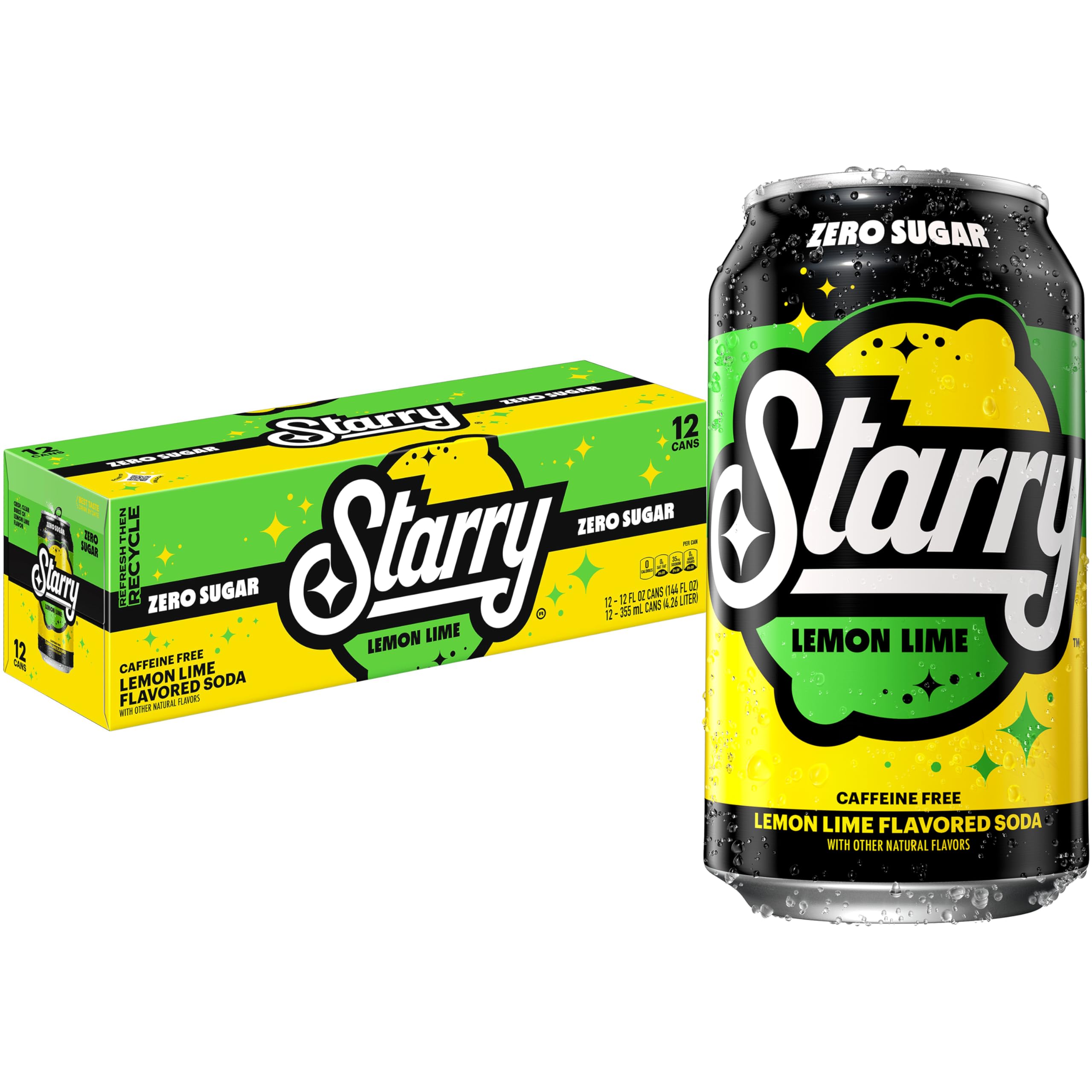 Starry Zero Sugar Lemon Lime soda can close-up, crisp flavor for a refreshing break