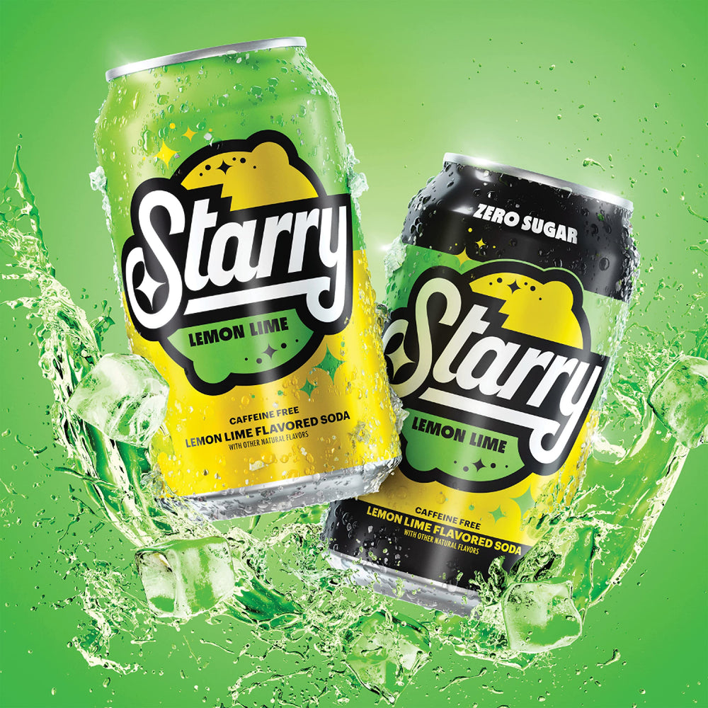 Starry Zero Sugar Lemon Lime soda fizz close-up, crisp lemon-lime sensation