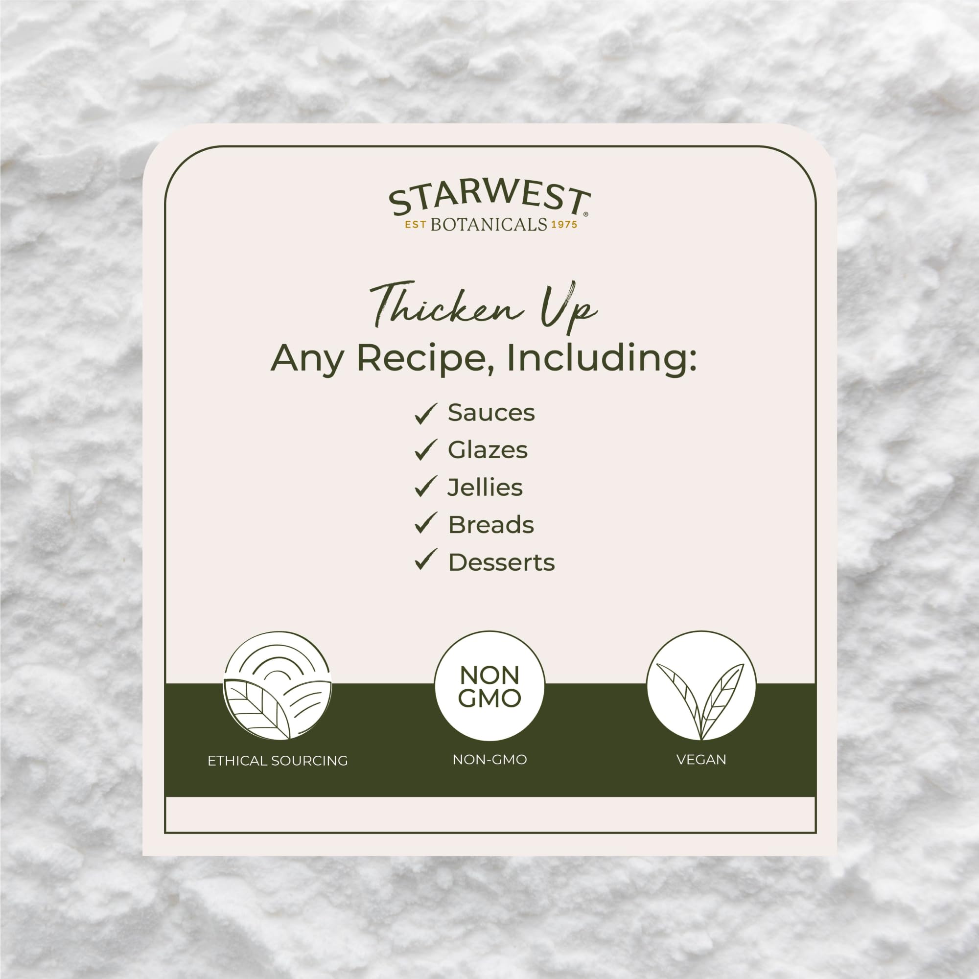 Starwest Botanicals arrowroot powder close-up highlighting organic certification.