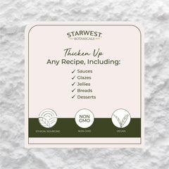 Starwest Botanicals arrowroot powder close-up highlighting organic certification.