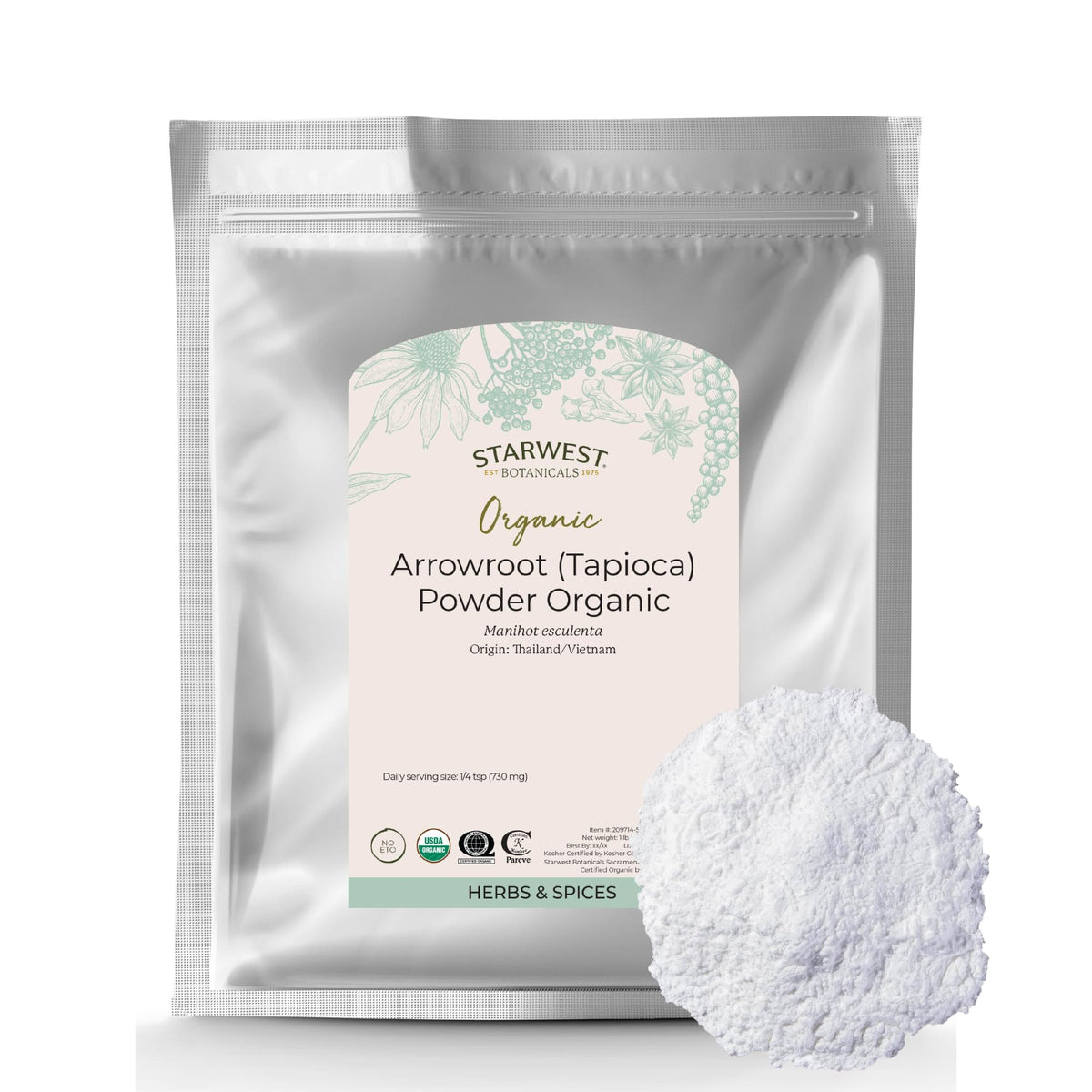 Starwest Botanicals arrowroot powder in a 1lb bag, gluten-free thickener for sauces.
