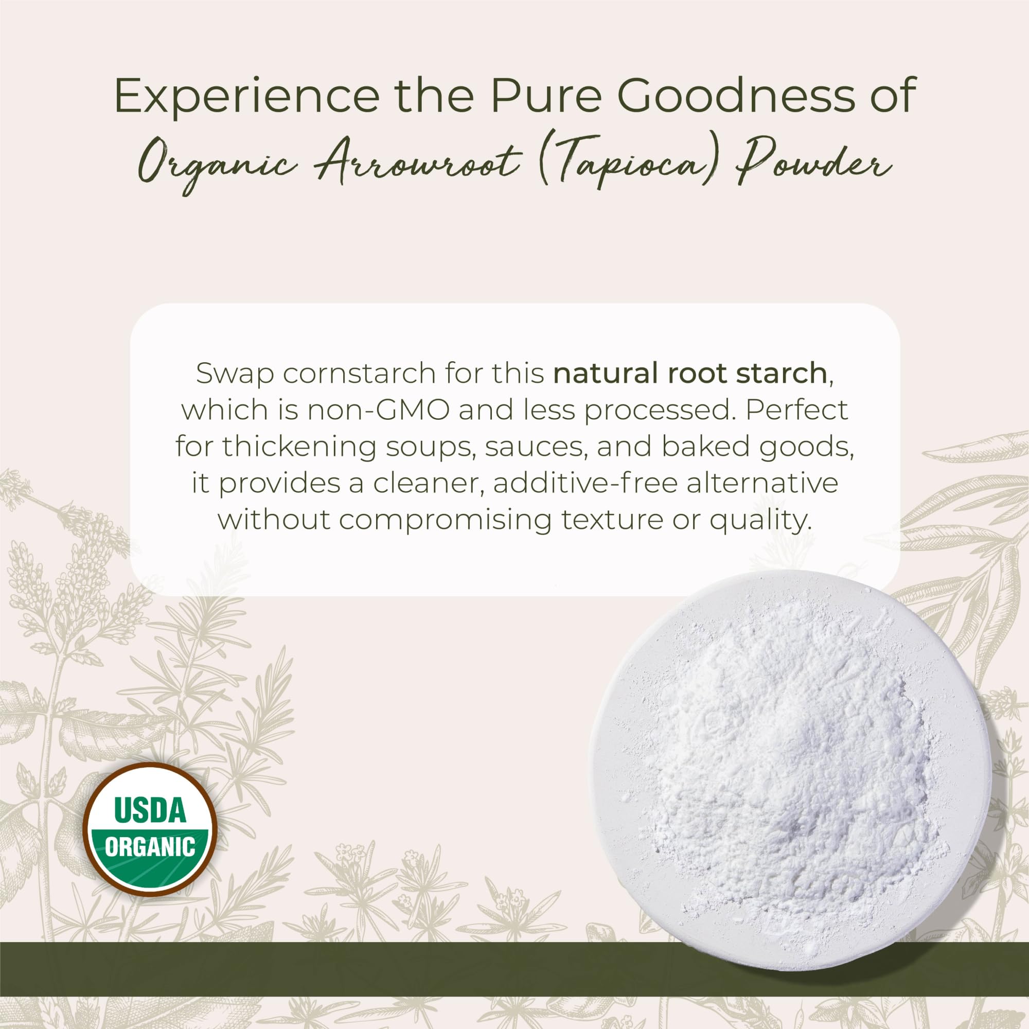 Starwest Botanicals arrowroot powder with a kitchen scoop for precise measuring.