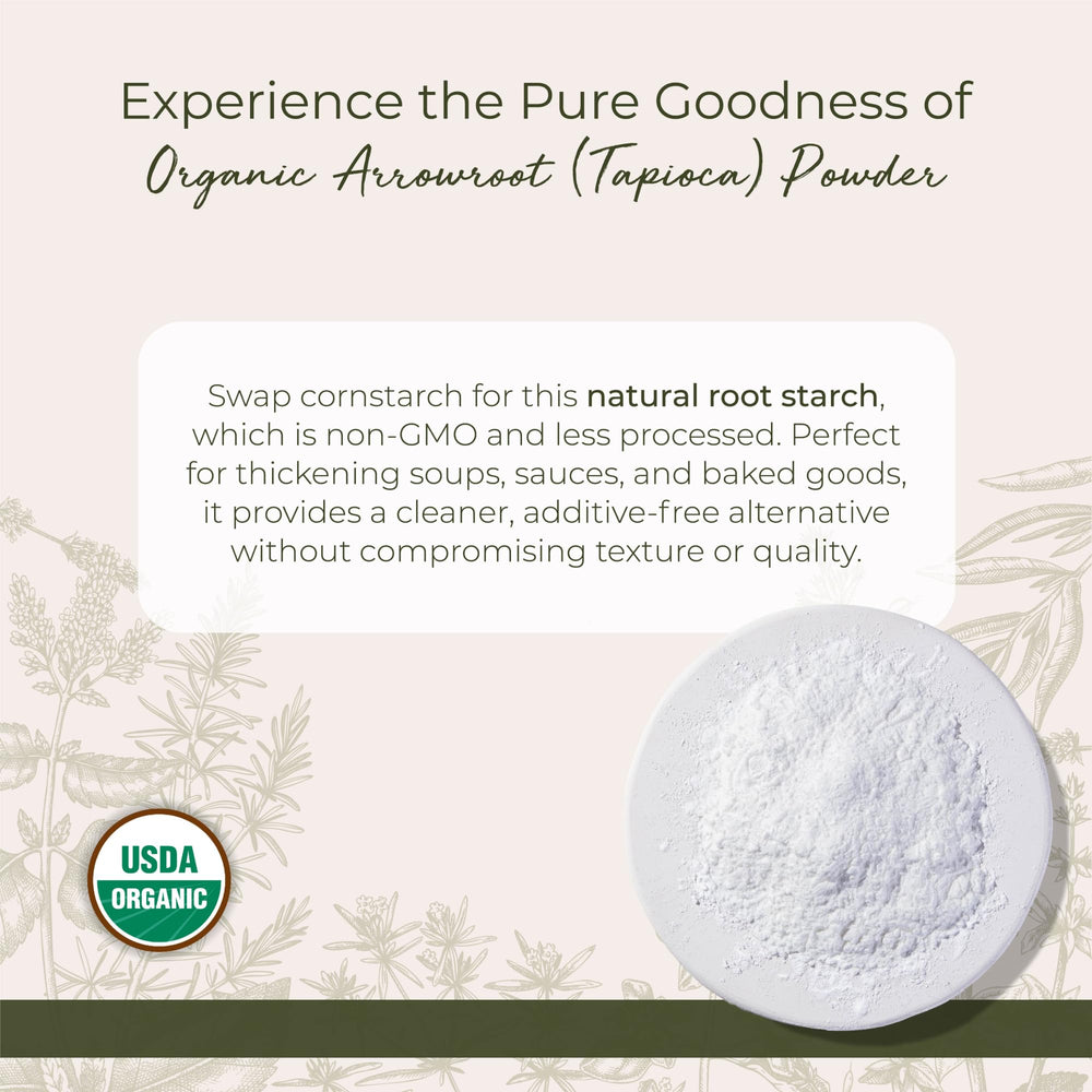 Starwest Botanicals arrowroot powder with a kitchen scoop for precise measuring.