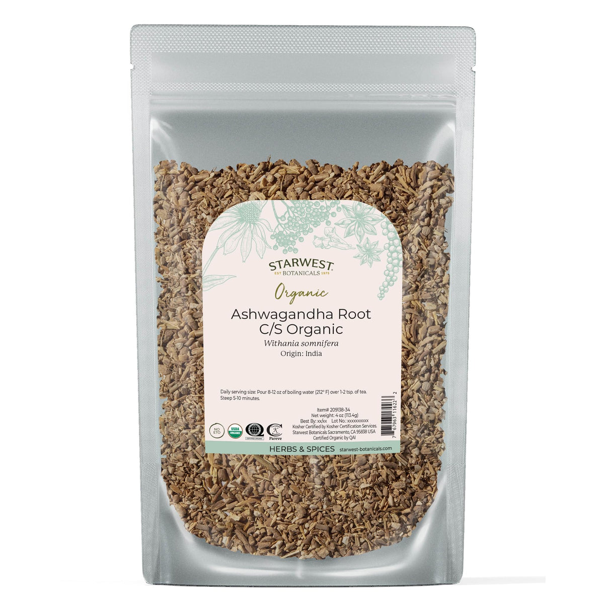 Starwest Botanicals Ashwagandha root dried bundle for versatile tea blends