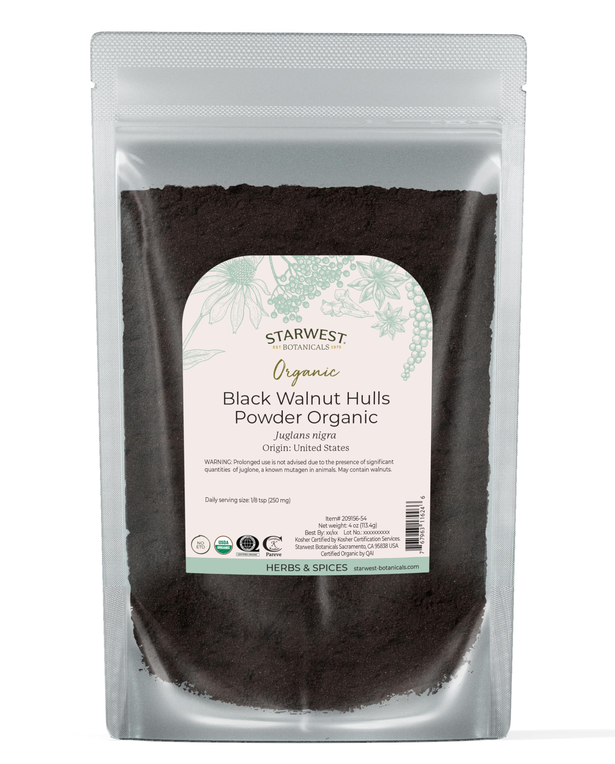 Starwest Botanicals black walnut hull powder packaging shows organic quality