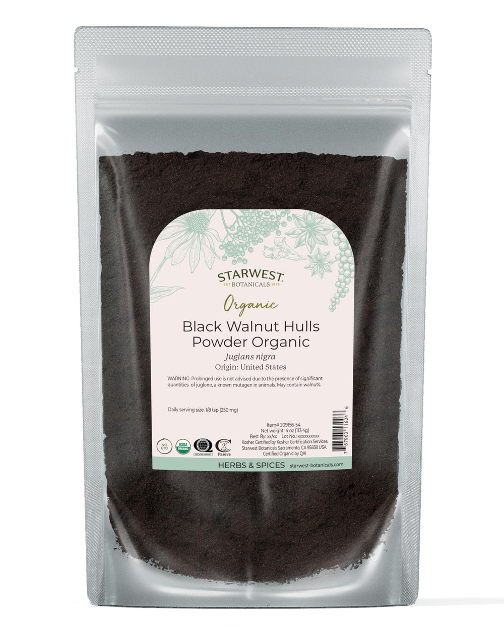 Starwest Botanicals black walnut hull powder packaging shows organic quality