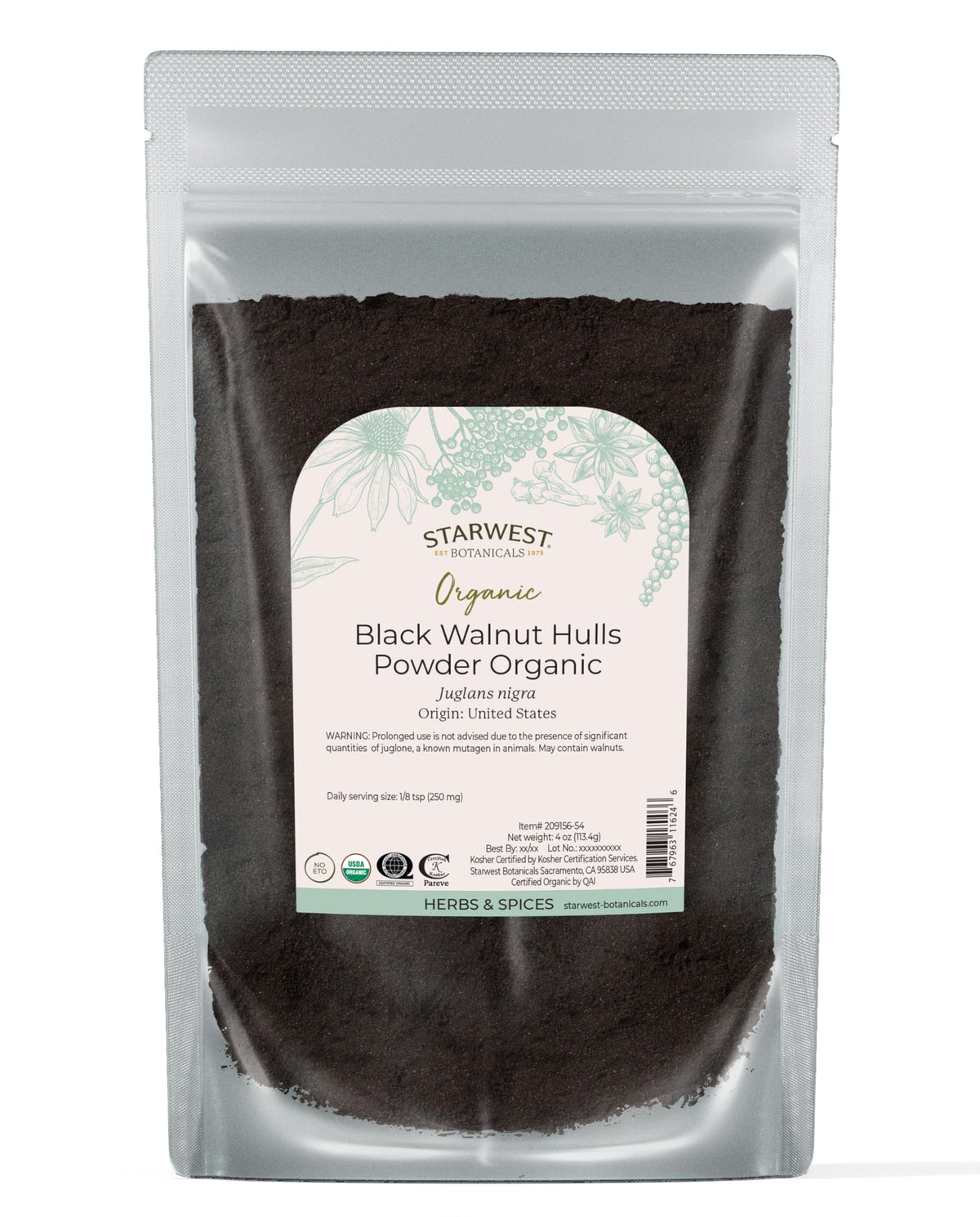 Starwest Botanicals black walnut hull powder packaging shows organic quality