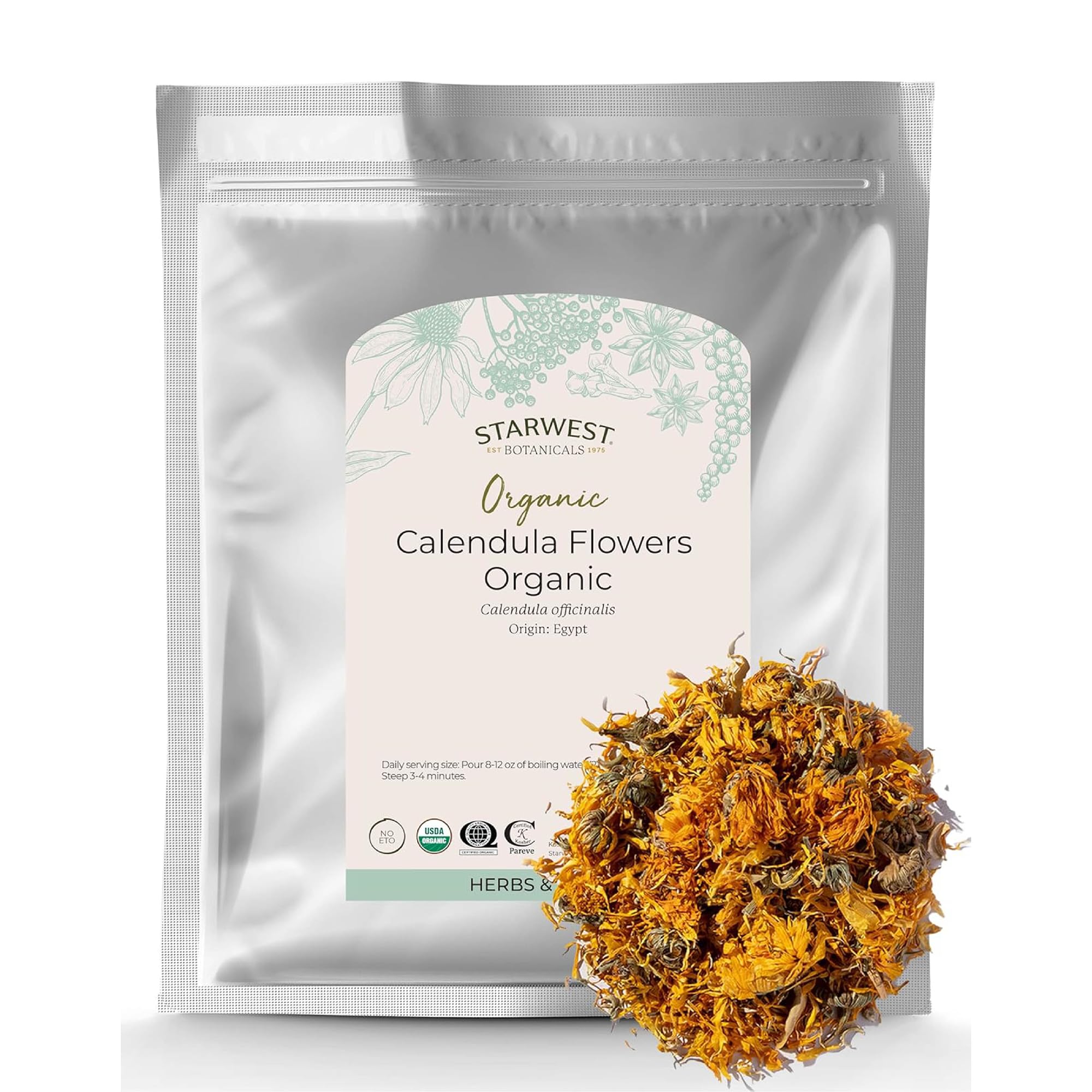 Starwest Botanicals calendula flowers bag close-up for herbal tea and cooking.