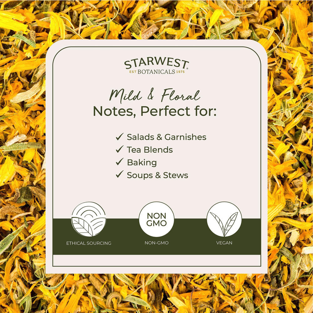 Starwest Botanicals calendula flowers close-up with golden petals for skincare blends.
