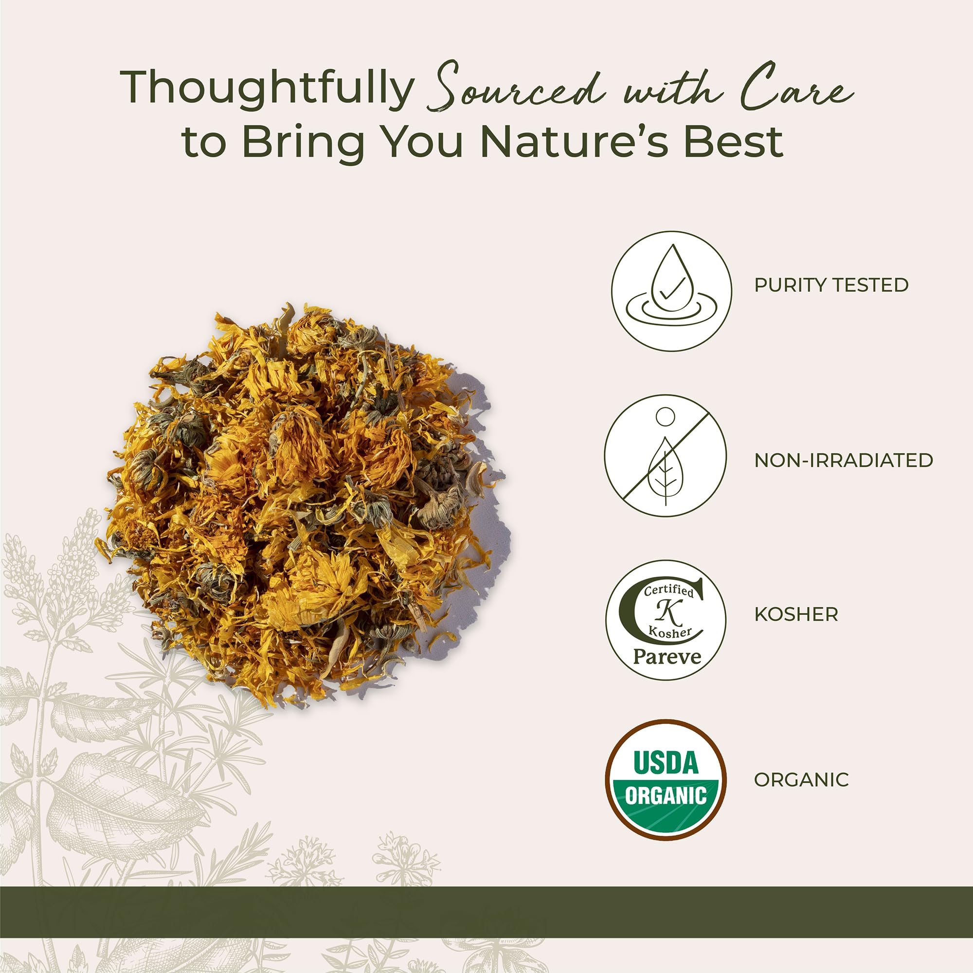 Starwest Botanicals calendula flowers tea-use close-up ready for steeping aromas.