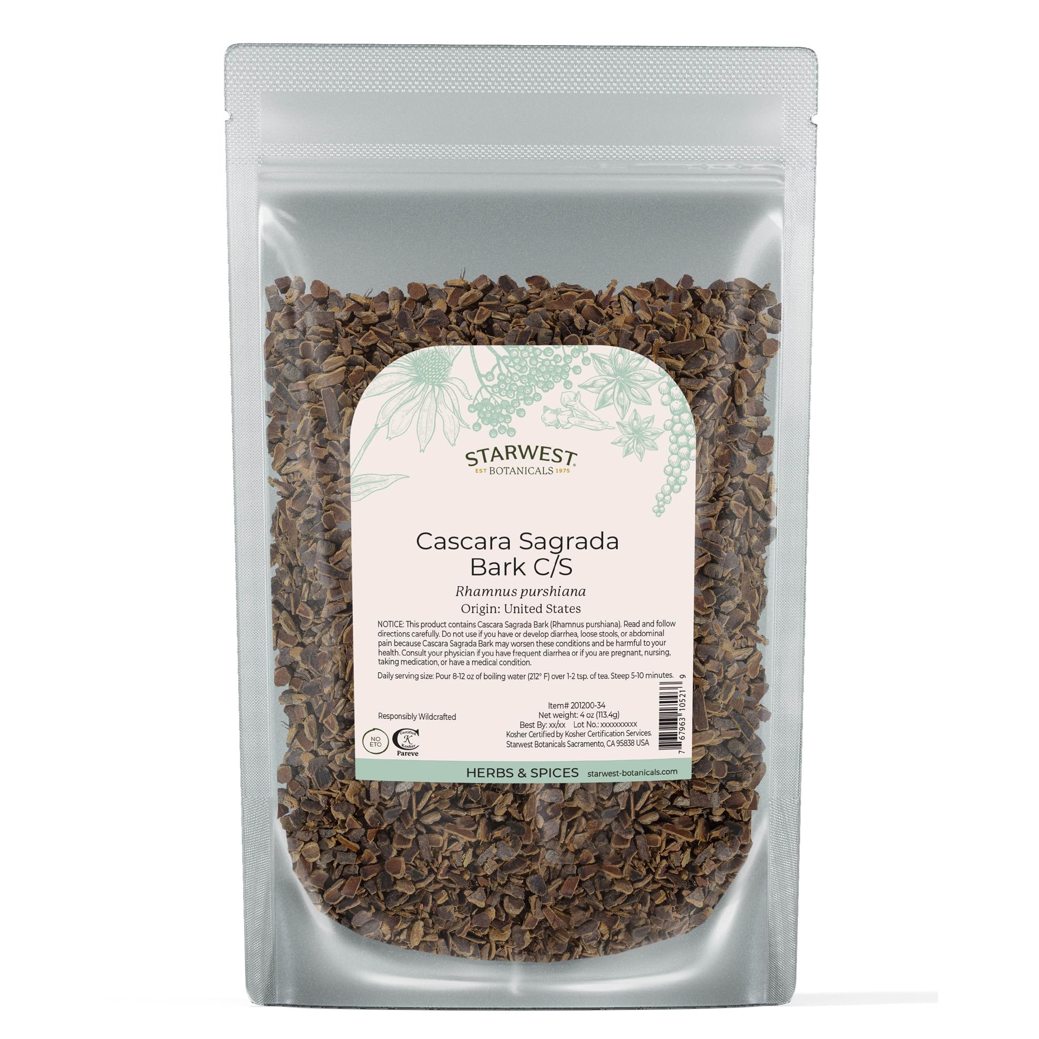 Starwest Cascara Bark cut-sift bag for teas and tinctures.