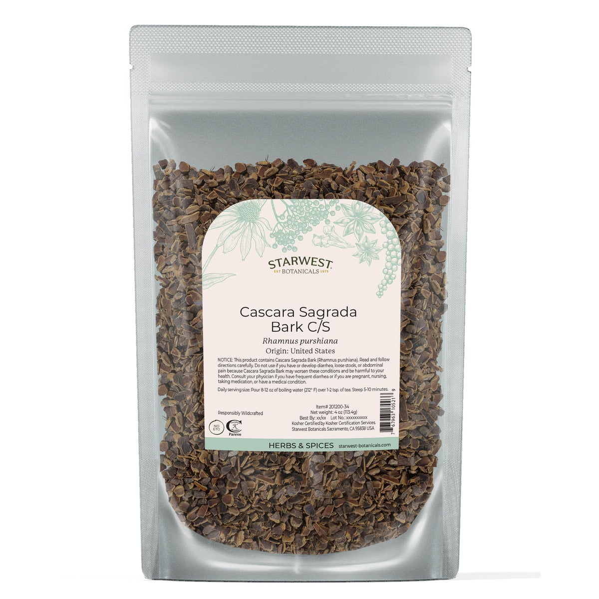 Starwest Cascara Bark cut-sift bag for teas and tinctures.
