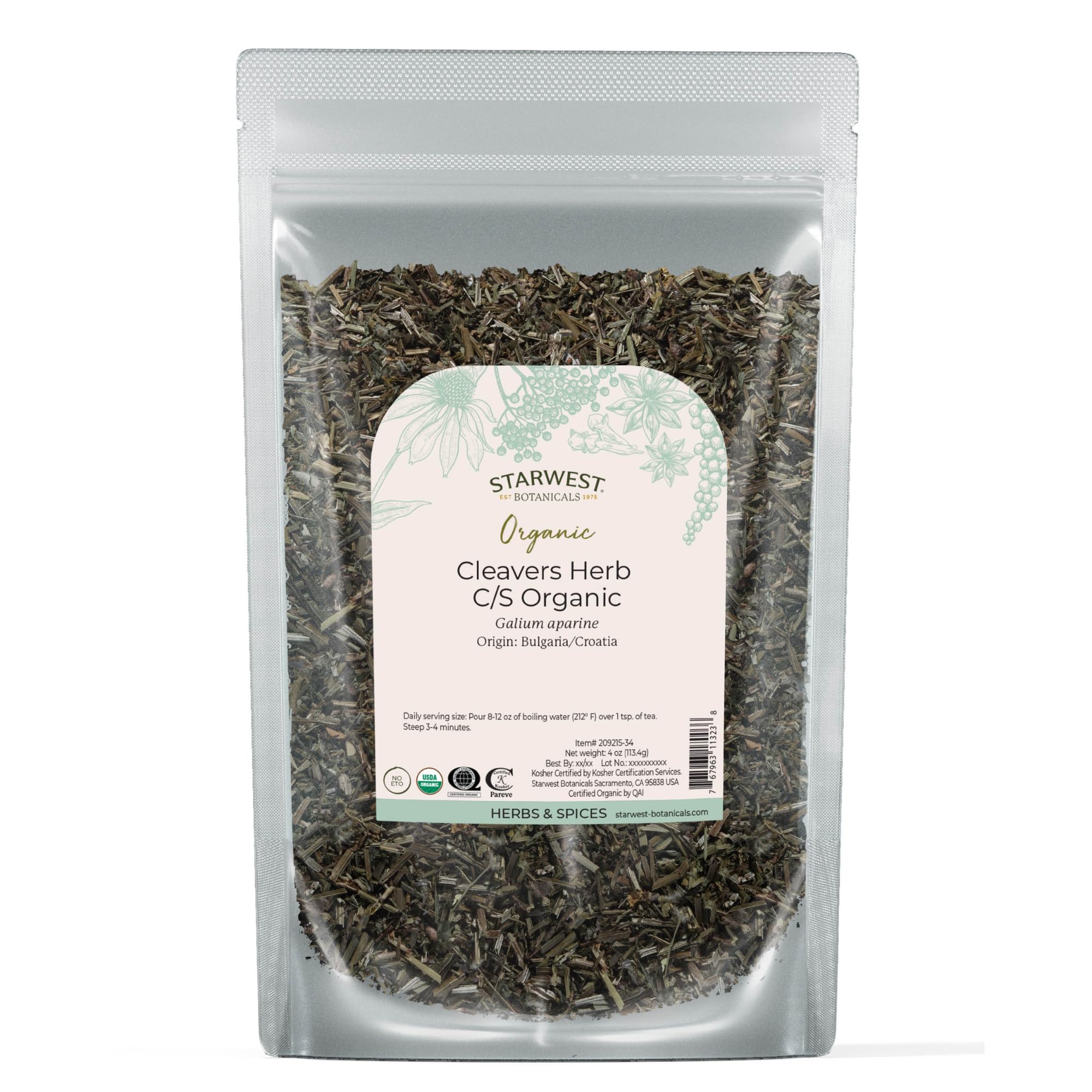 Starwest Botanicals Cleavers herb dried leaf—vibrant green aroma for tea blends.