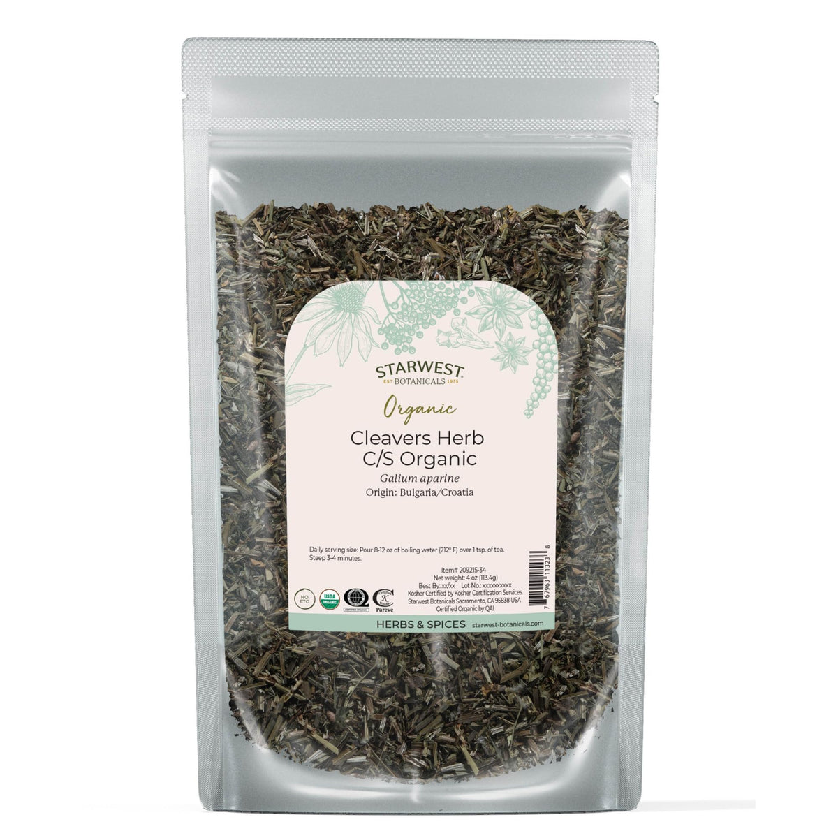 Starwest Botanicals Cleavers herb dried leaf—vibrant green aroma for tea blends.
