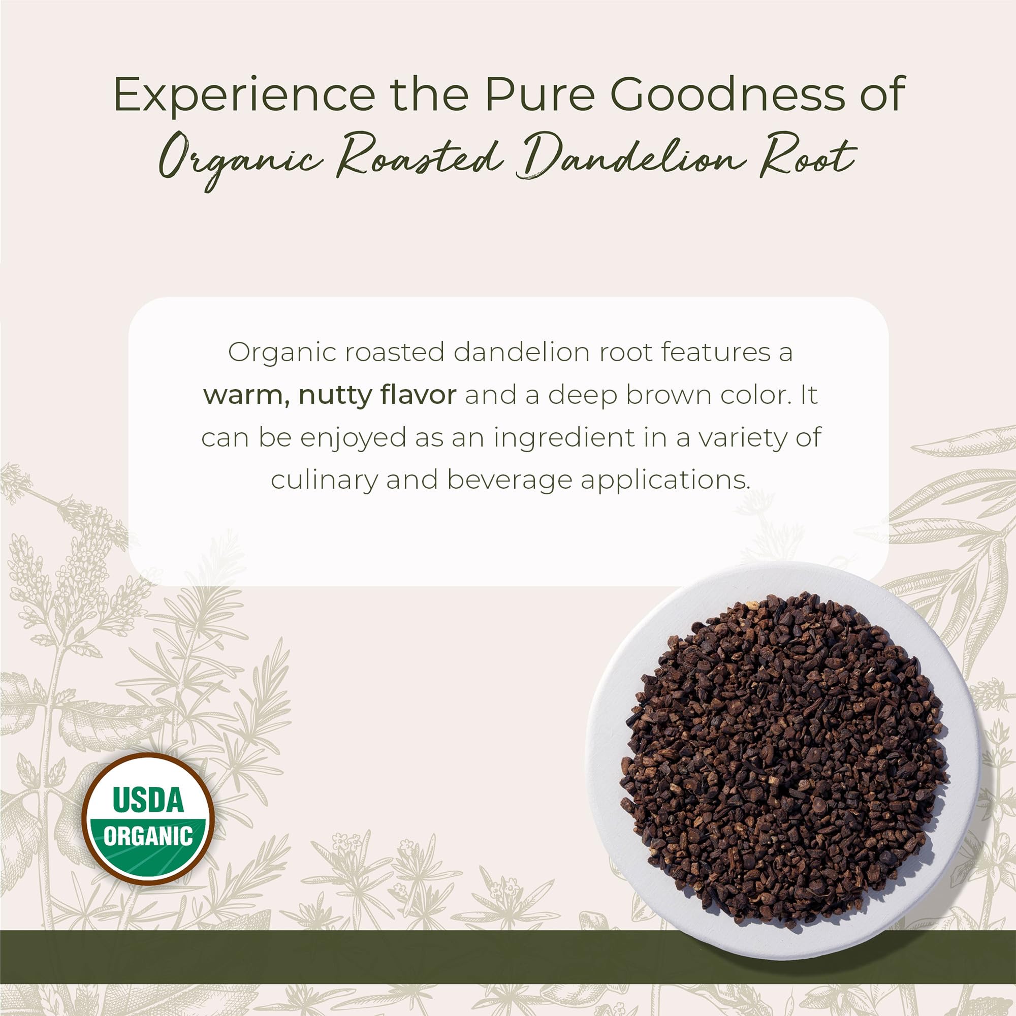 Starwest Botanicals dandelion root loose leaf tea on its own, offering nutty, versatile notes