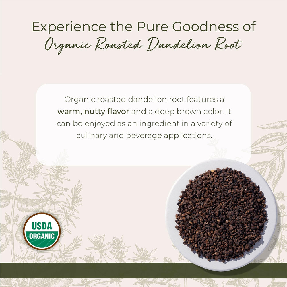 Starwest Botanicals dandelion root loose leaf tea on its own, offering nutty, versatile notes