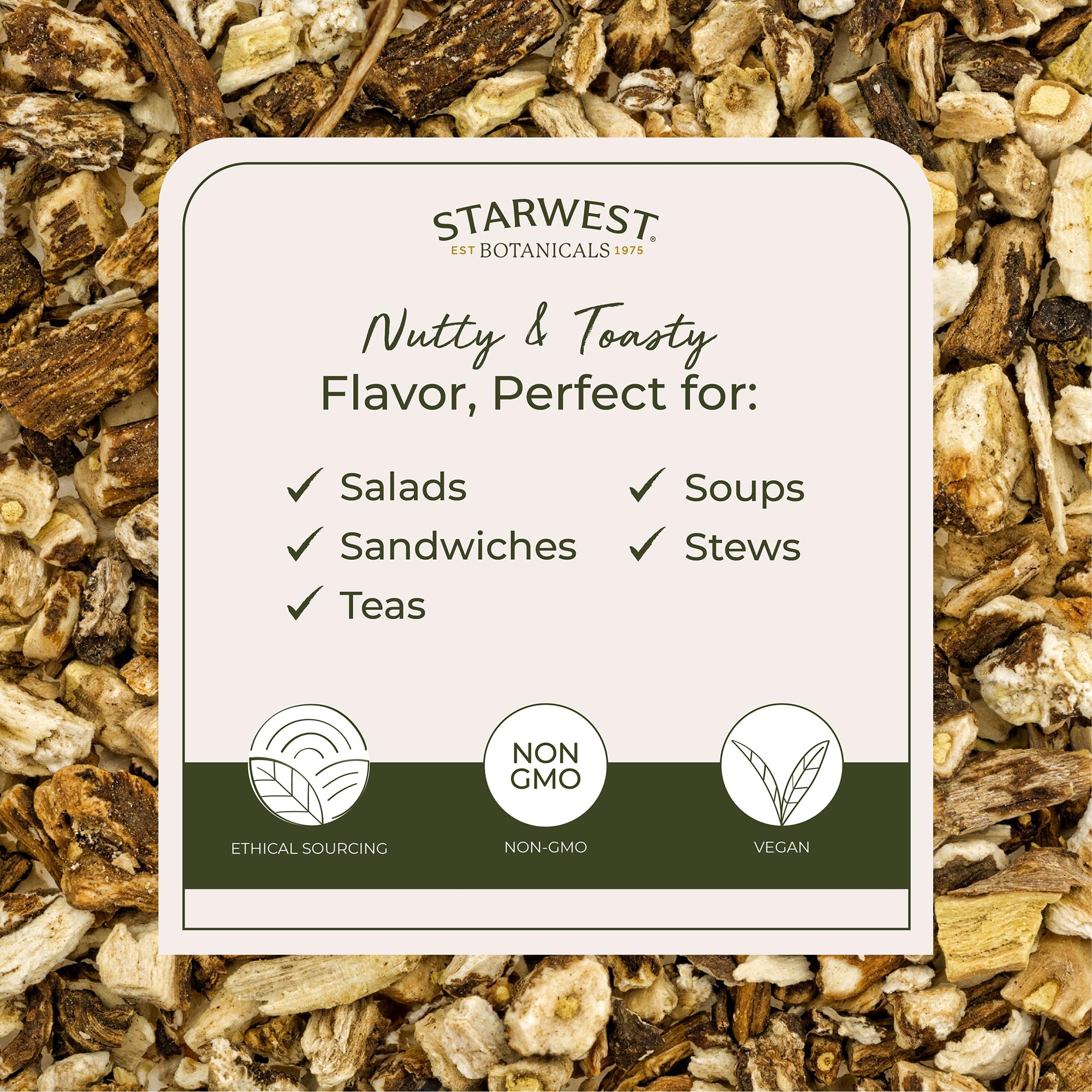 Starwest Botanicals dandelion root tea cut and sifted for consistent infusions.