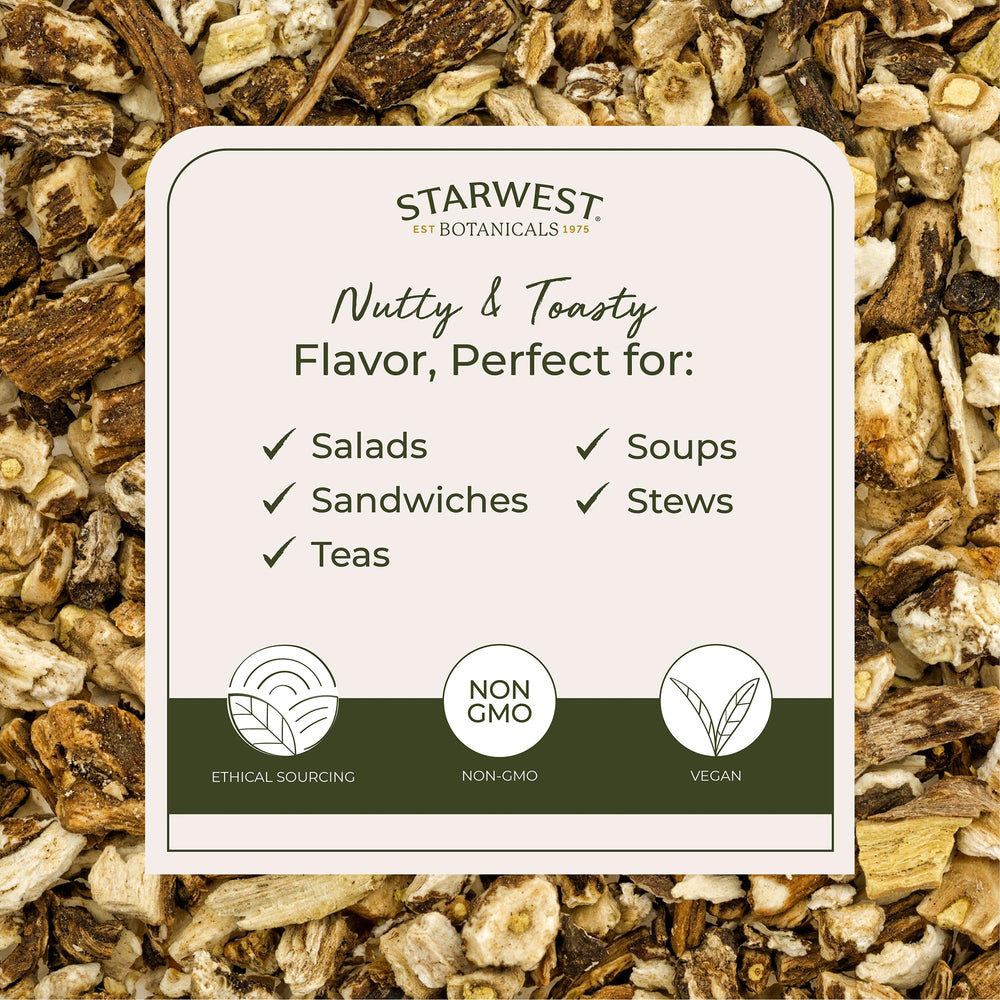 Starwest Botanicals dandelion root tea cut and sifted for consistent infusions.