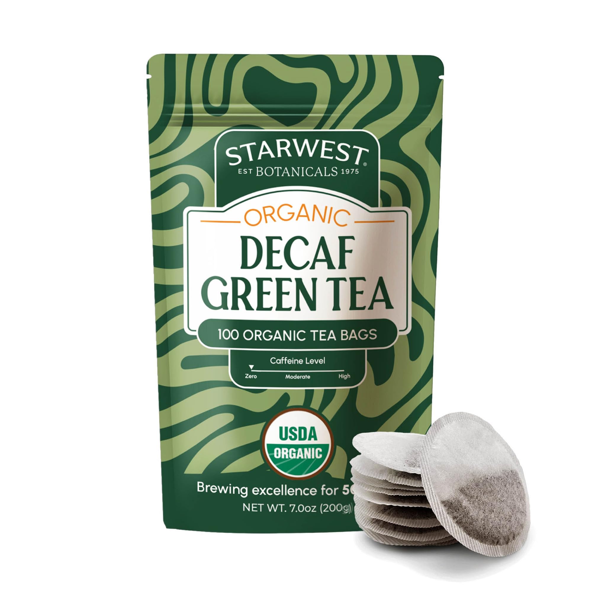 Starwest Botanicals decaf green tea bags for a smooth caffeine-free brew.