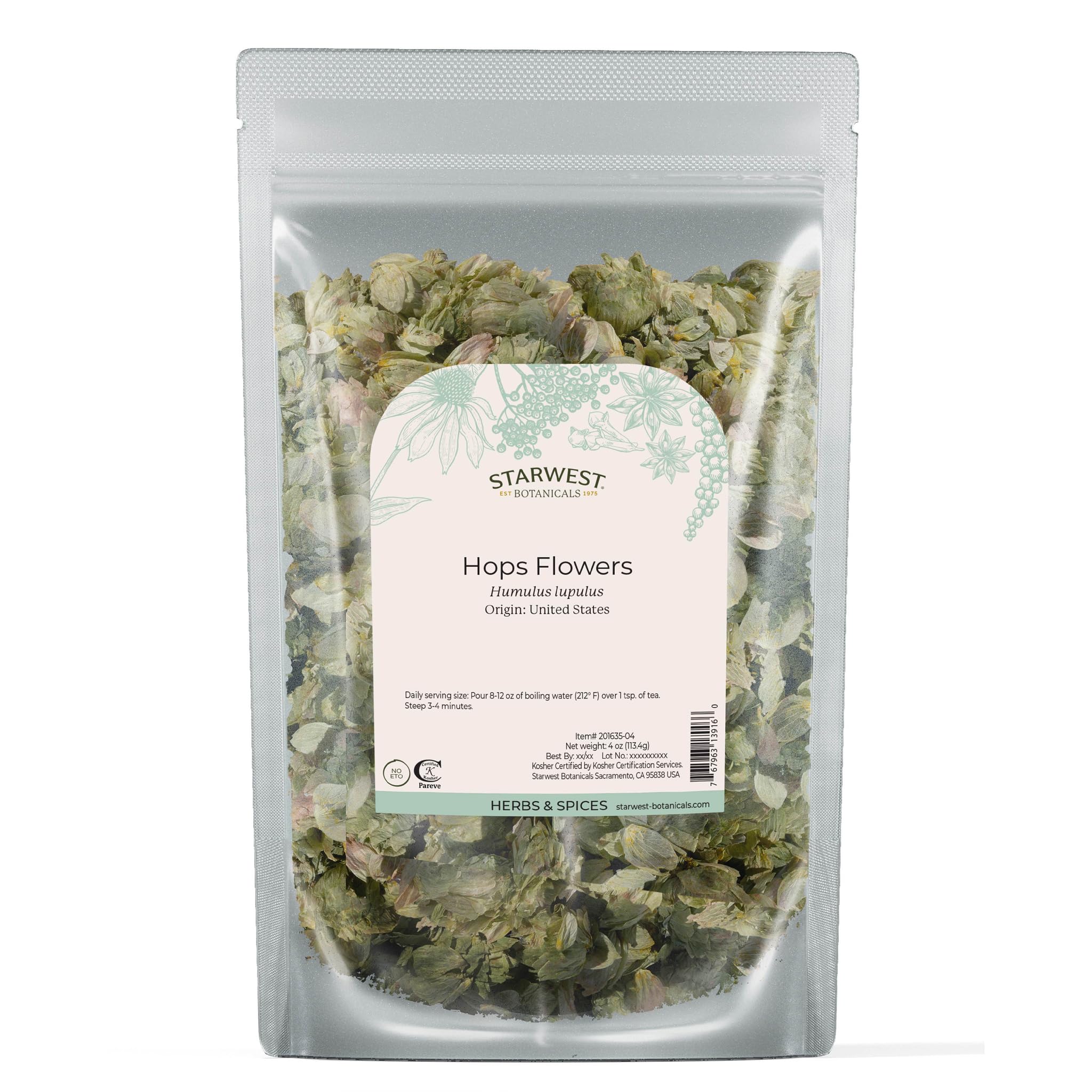 Starwest Botanicals dried hops flowers whole bag with earthy pine citrus aroma for tea.