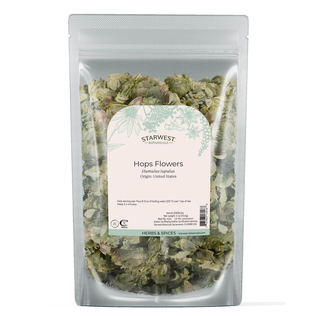 Starwest Botanicals dried hops flowers whole bag with earthy pine citrus aroma for tea.
