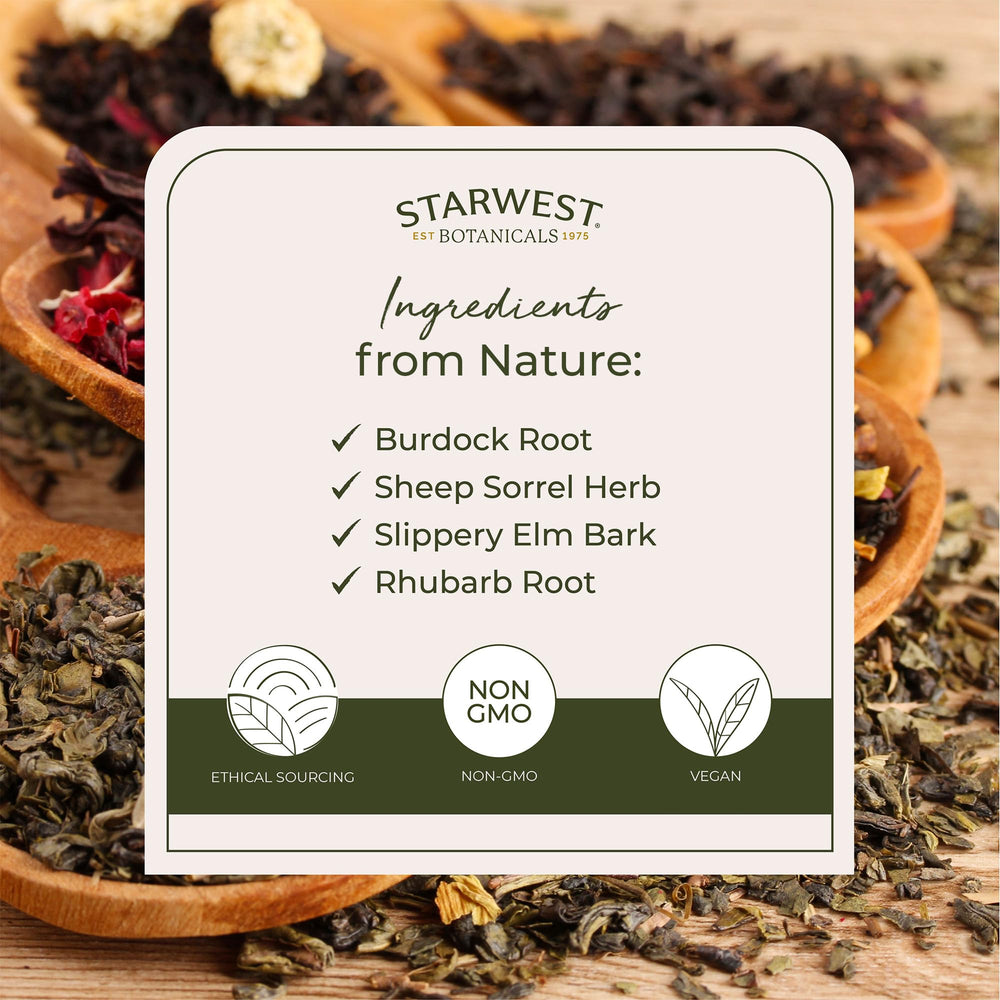 Starwest Botanicals Essiac Tea burdock root—earthy notes enrich the herbal cup.