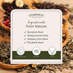 Starwest Botanicals Essiac Tea burdock root—earthy notes enrich the herbal cup.