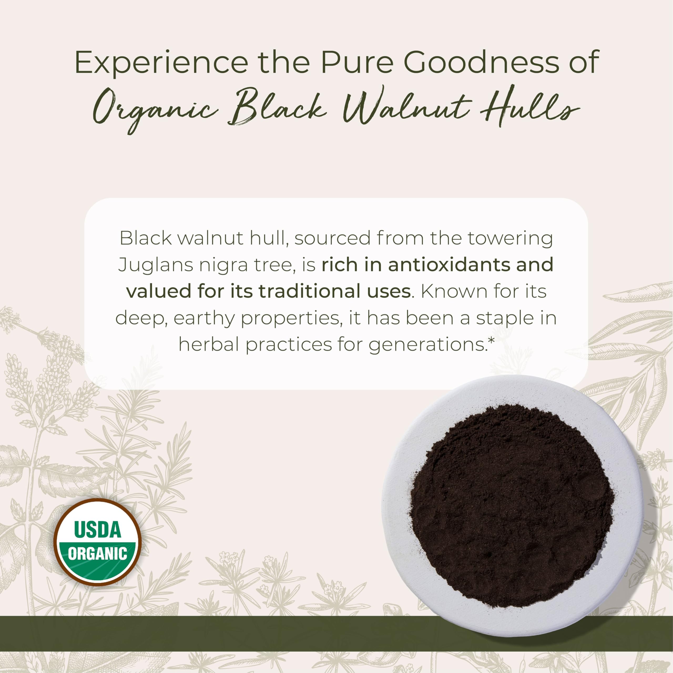 Finely ground walnut hull powder texture suitable for tea and blends