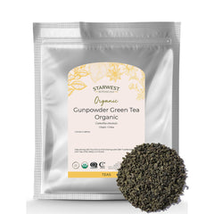 Starwest Botanicals Gunpowder Green Tea loose leaves show vibrant, tightly rolled leaves for bold flavor.