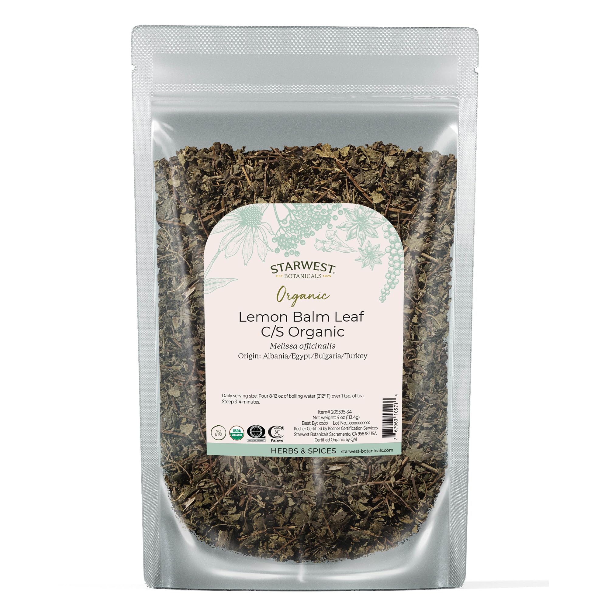 Starwest Botanicals lemon balm leaves in a bag ready for herbal tea.