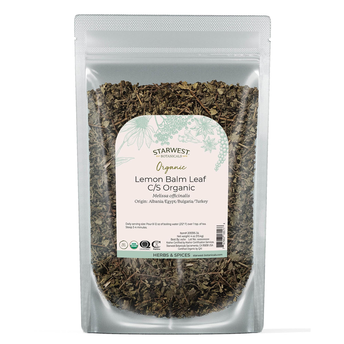 Starwest Botanicals lemon balm leaves in a bag ready for herbal tea.